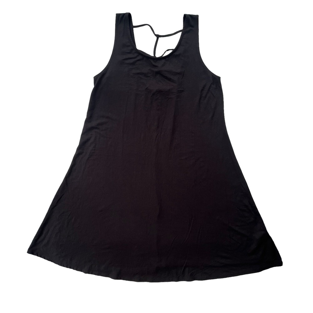 Rolla Coster Women M Black Strappy Back Tank Stretch Knit Rayon Swing Dress Chic